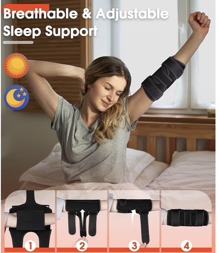 Adjustable Elbow Stabilization Brace, 3 Straps, 2 Removable Splints, Black