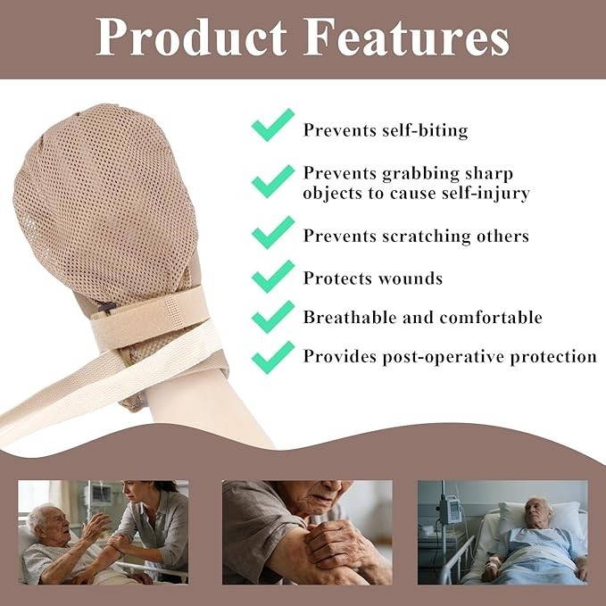 2 Pcs Restraint Mittens for Dementia Care, Anti‑Scratch Protective Gloves, Beige