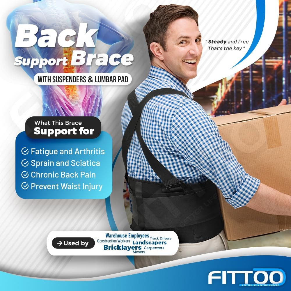 FITTOO Back Brace with Removable Suspenders & Lumbar Large (Pack of 1), Coal