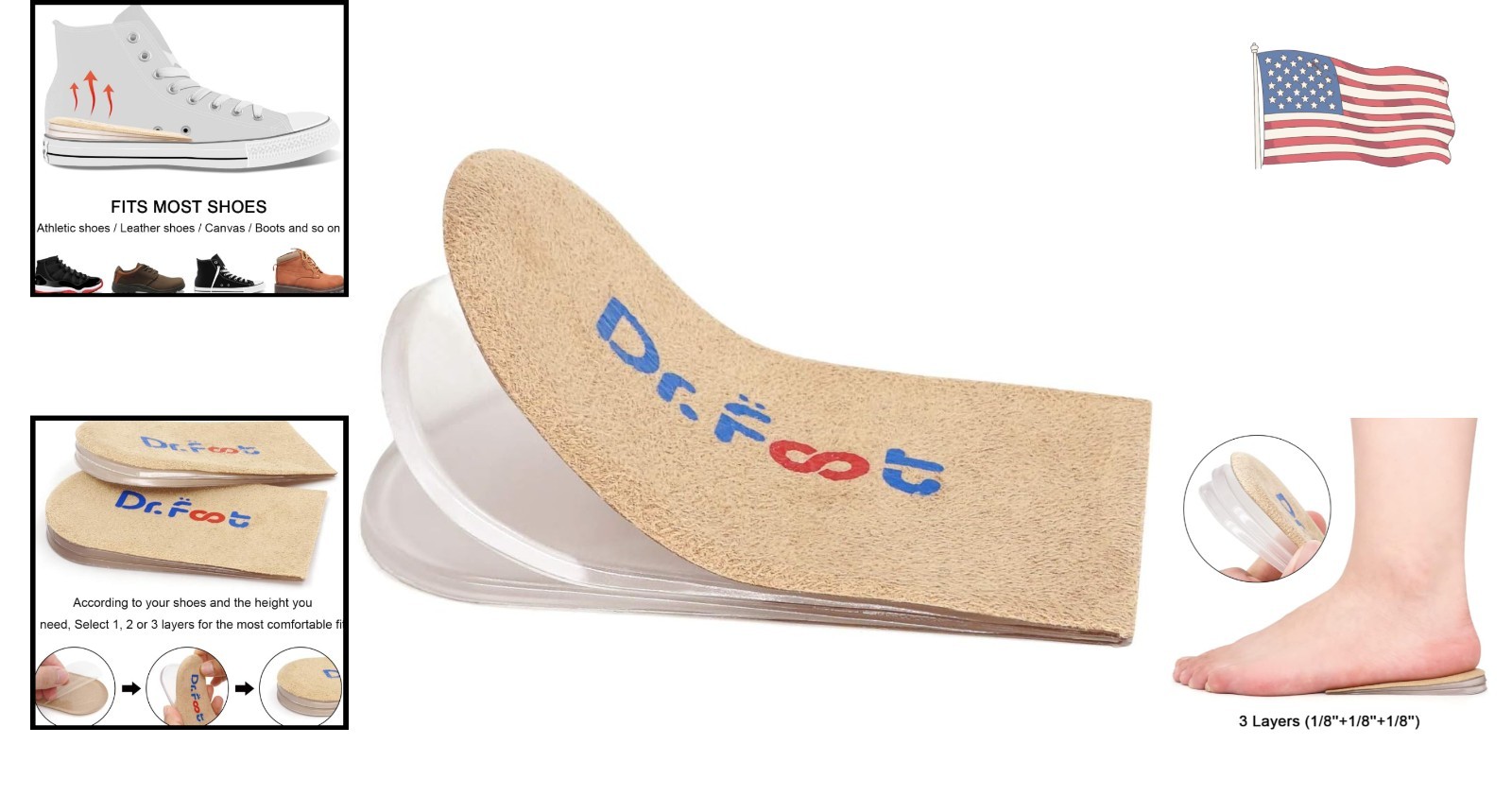 Dr.Foot Adjustable Heel Lift Inserts – Relief for Heel Pain & Height Increase