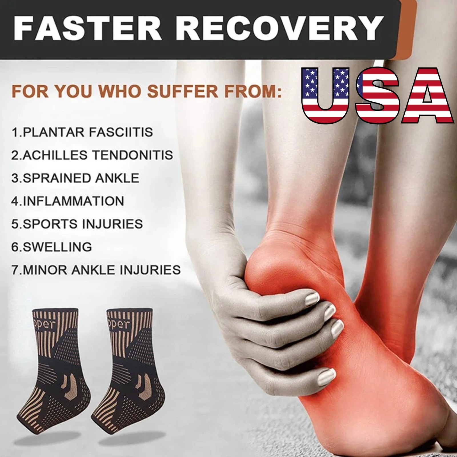 Copper Ankle Brace Silver Support Compression Sleeve Socks Foot Fasciitis Pain