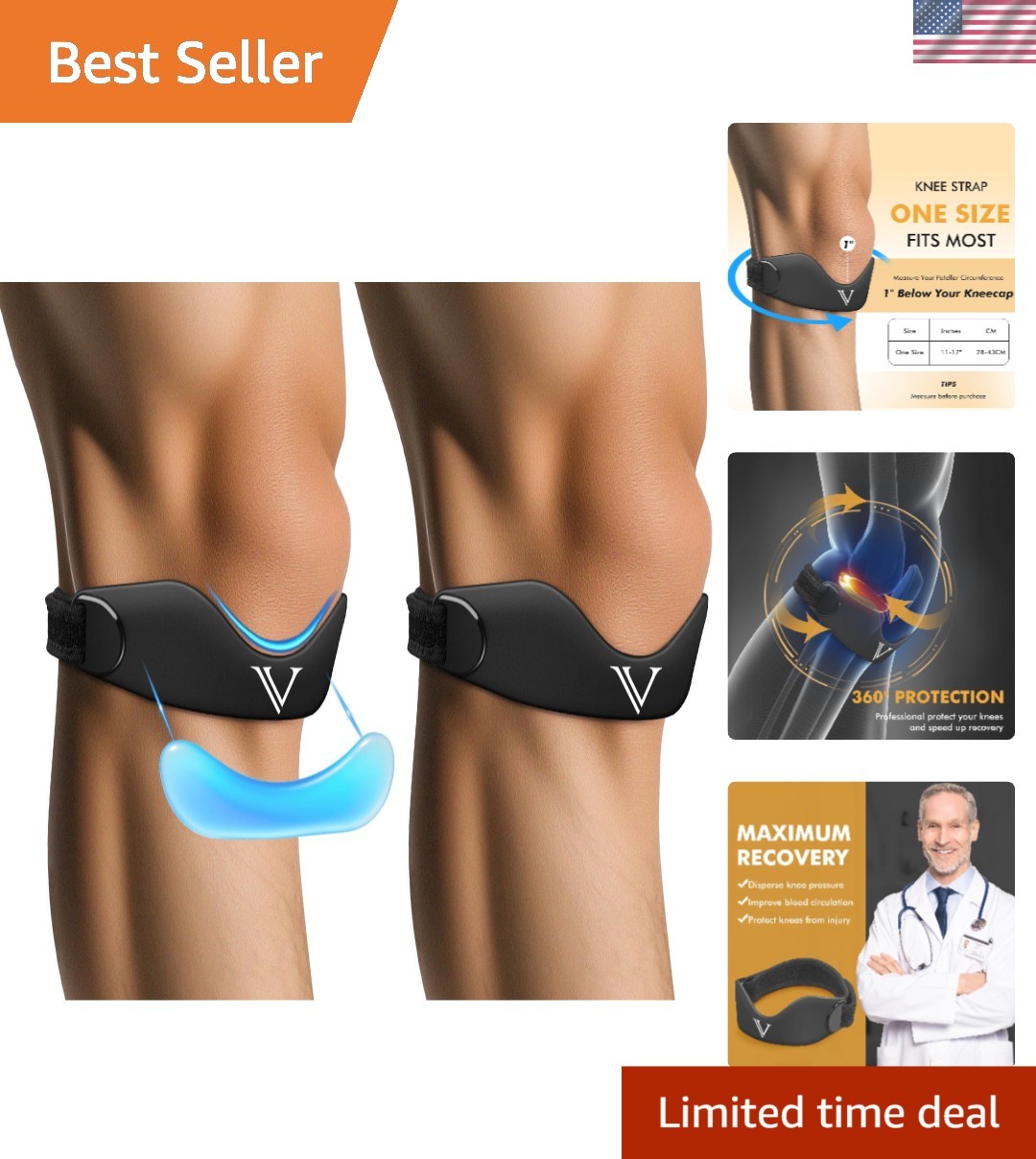 Silicone Patellar Tendon Support Strap 2-Pack, Knee Brace for Women Men, Adju…