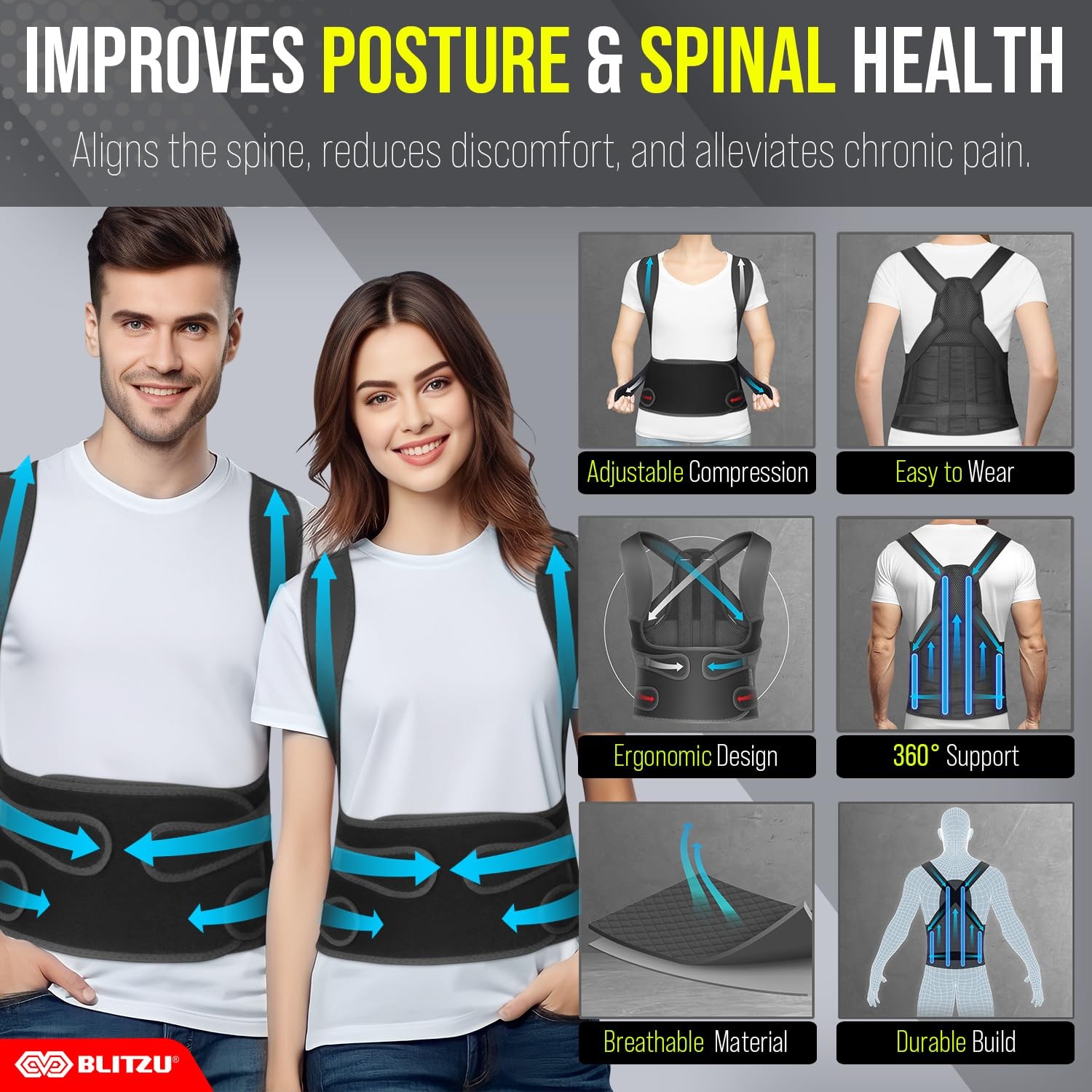 BLITZU Posture Corrector for Women and Men, Back Brace & Medium, Black