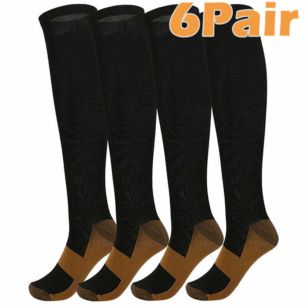 6x Copper High Compression Socks for Men Women Running Stockings S/M, L/XL, XXL