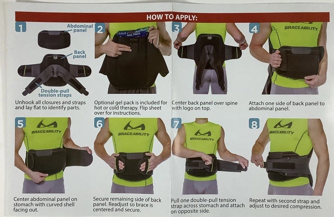 BraceAbility LSO Back Brace 3XL Rigid Spine Support Hot Cold Gel Pack