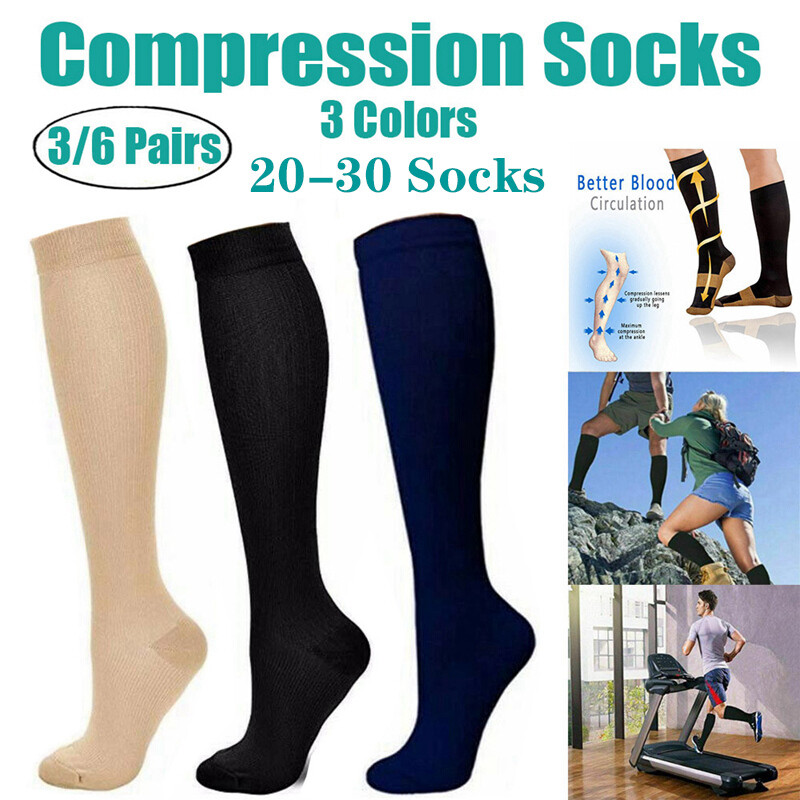 3 Pairs Compression Socks Wide Calf, Nylon + Spandex Knee High Support Stockings