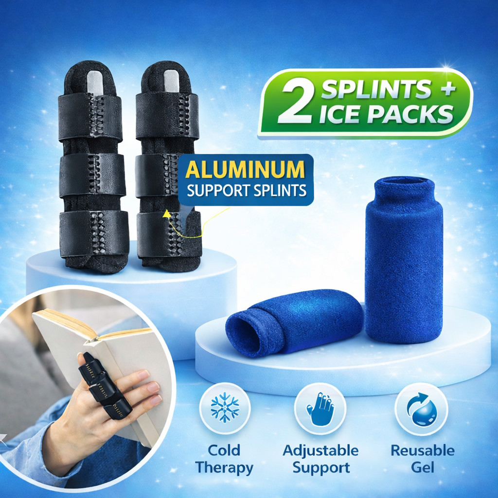Finger Splint & Ice Pack Set 2+2 Adjustable Support Brace for Index Thumb Pain
