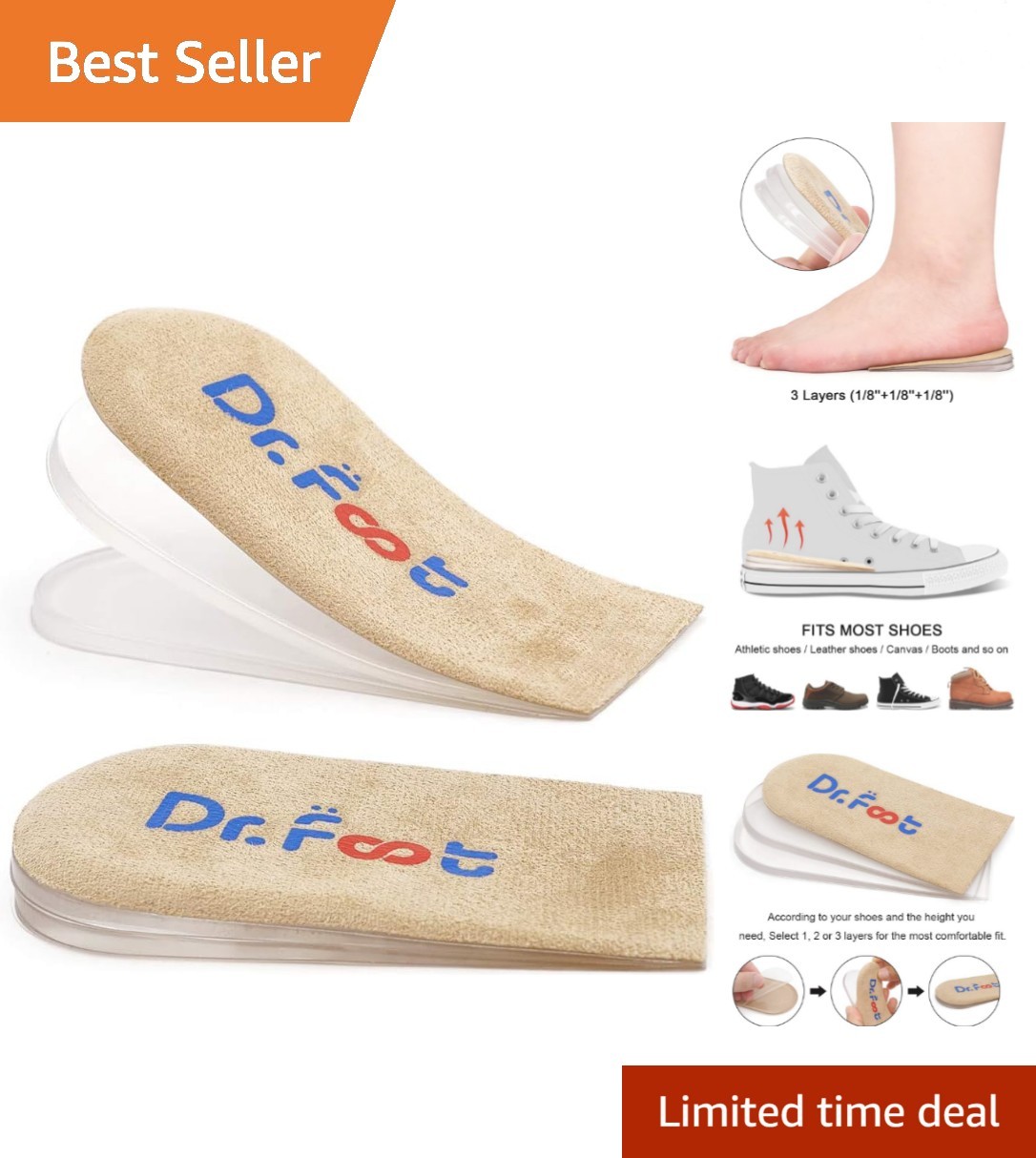 Washable Orthopedic Heel Lift Inserts – Adjustable Gel Insoles for Pain Relief