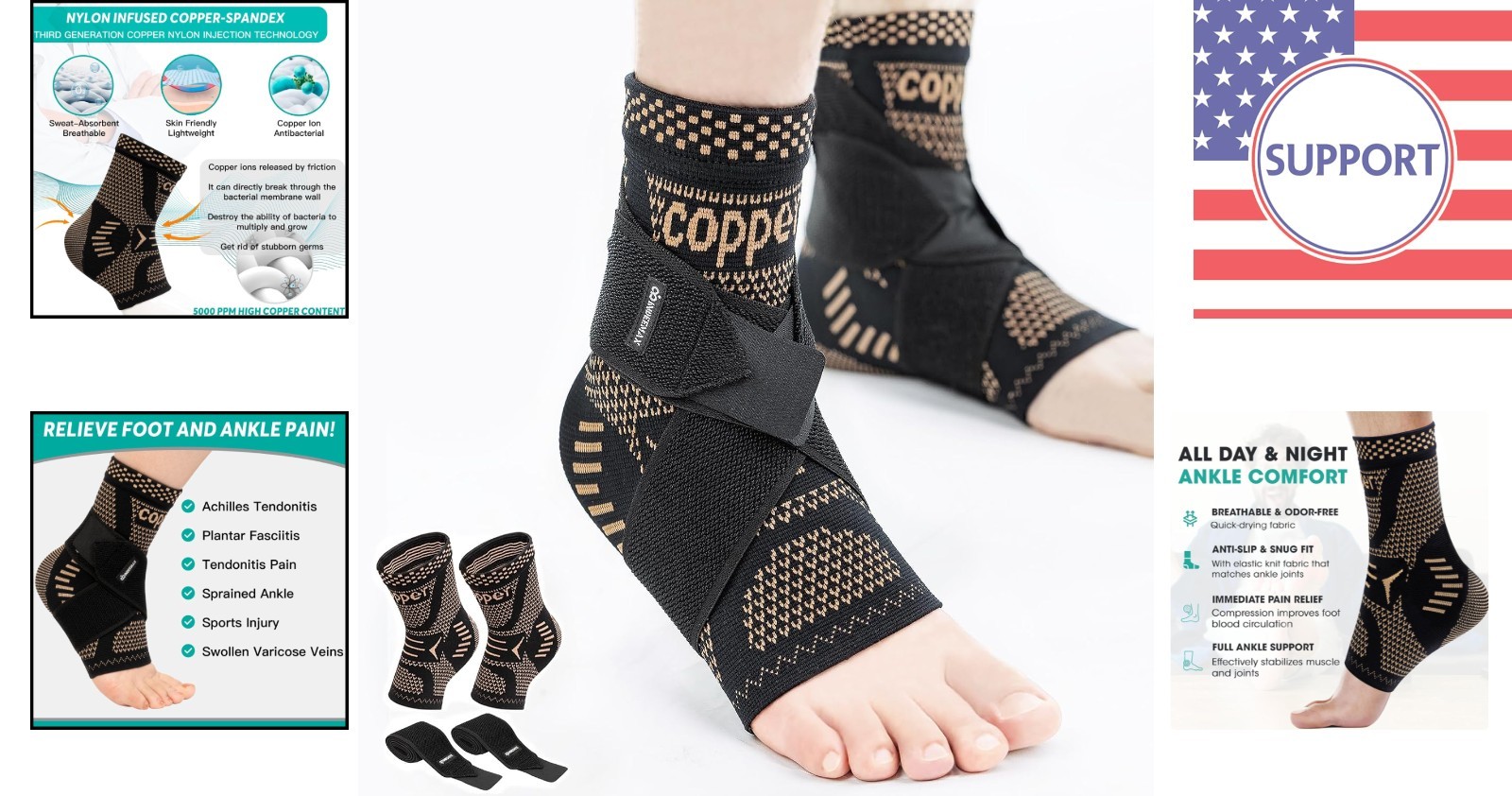 Lightweight Copper Ankle Brace – 2 Pack for Sports & Everyday Use, Large Size