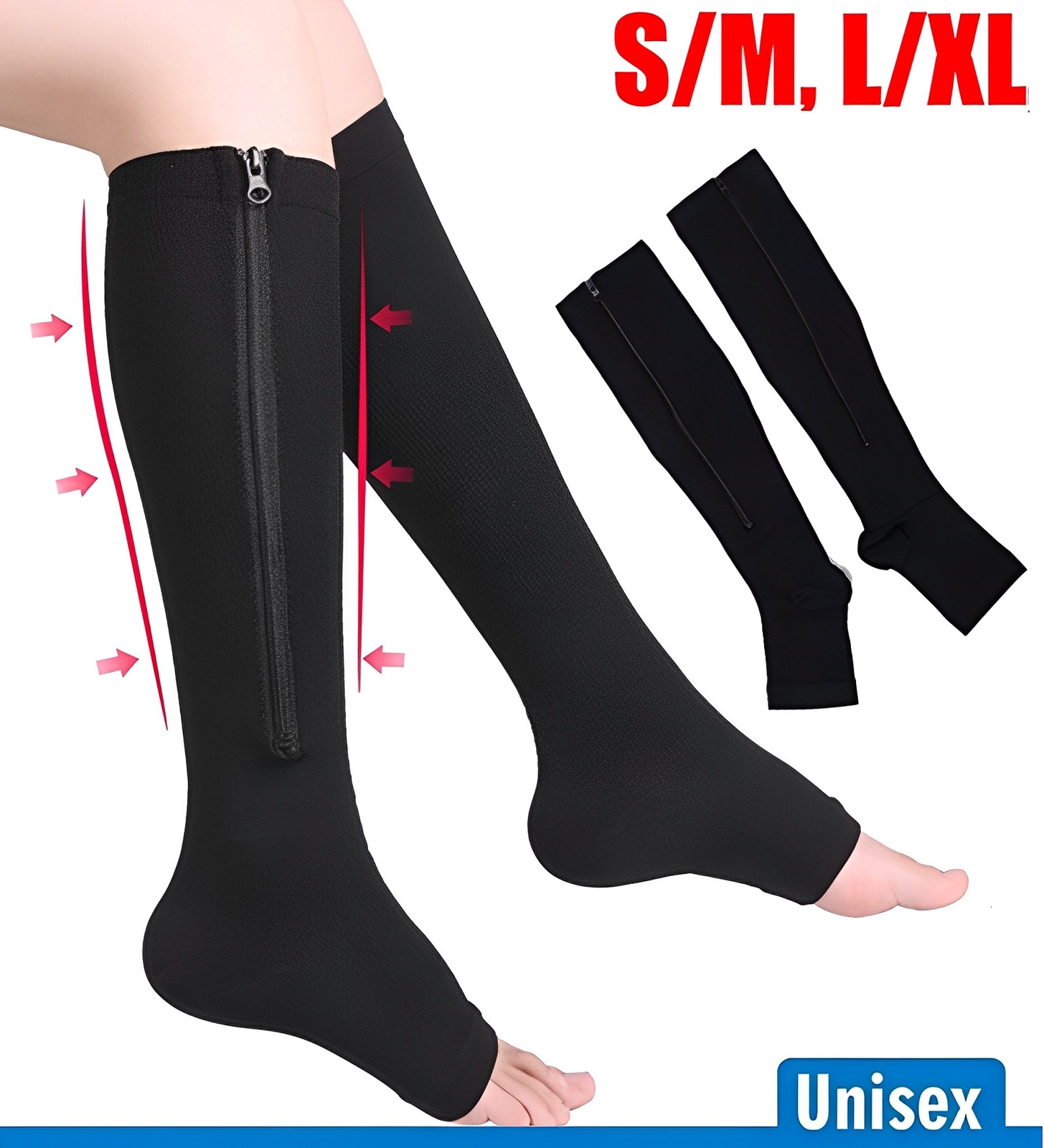 Compression Socks with Zipper Supports Leg Knee Stockings Zip Sox Open Toe US