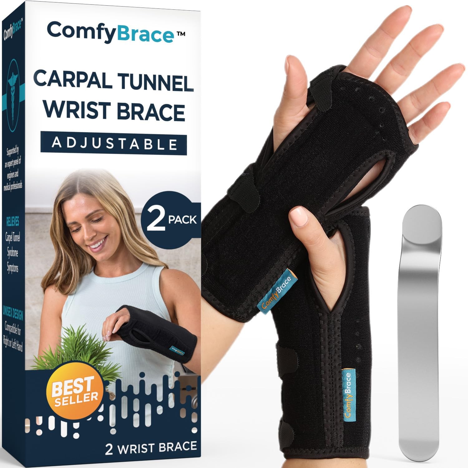 ® Carpal Tunnel Wrist Brace (Pack of 2) with Splint and Palm Cushion – (Adjus…