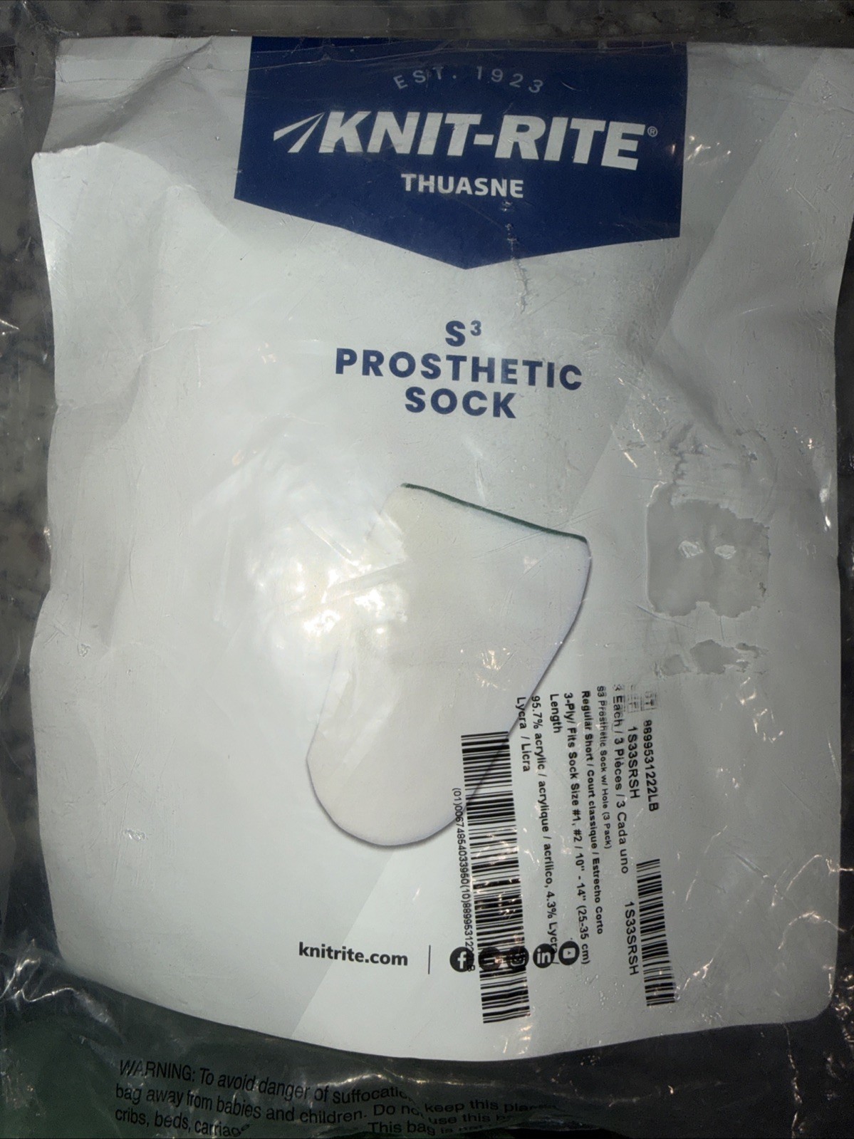 3 Pk Knit-Rite S3 Liner Prosthetic Sock Size #1 #2 Regular Short (10-14) – 3 ply