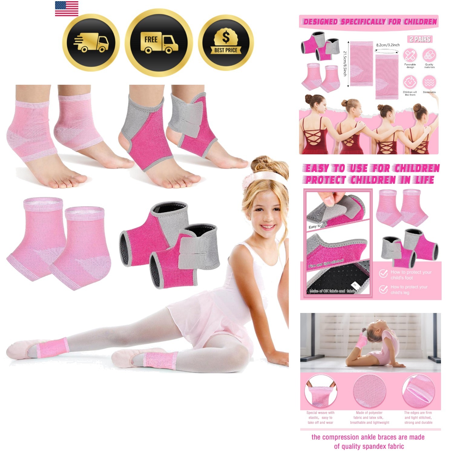 2 Pairs Kids Ankle Brace Set Foot Support Stabilizer Wraps Protector Guard Kn…