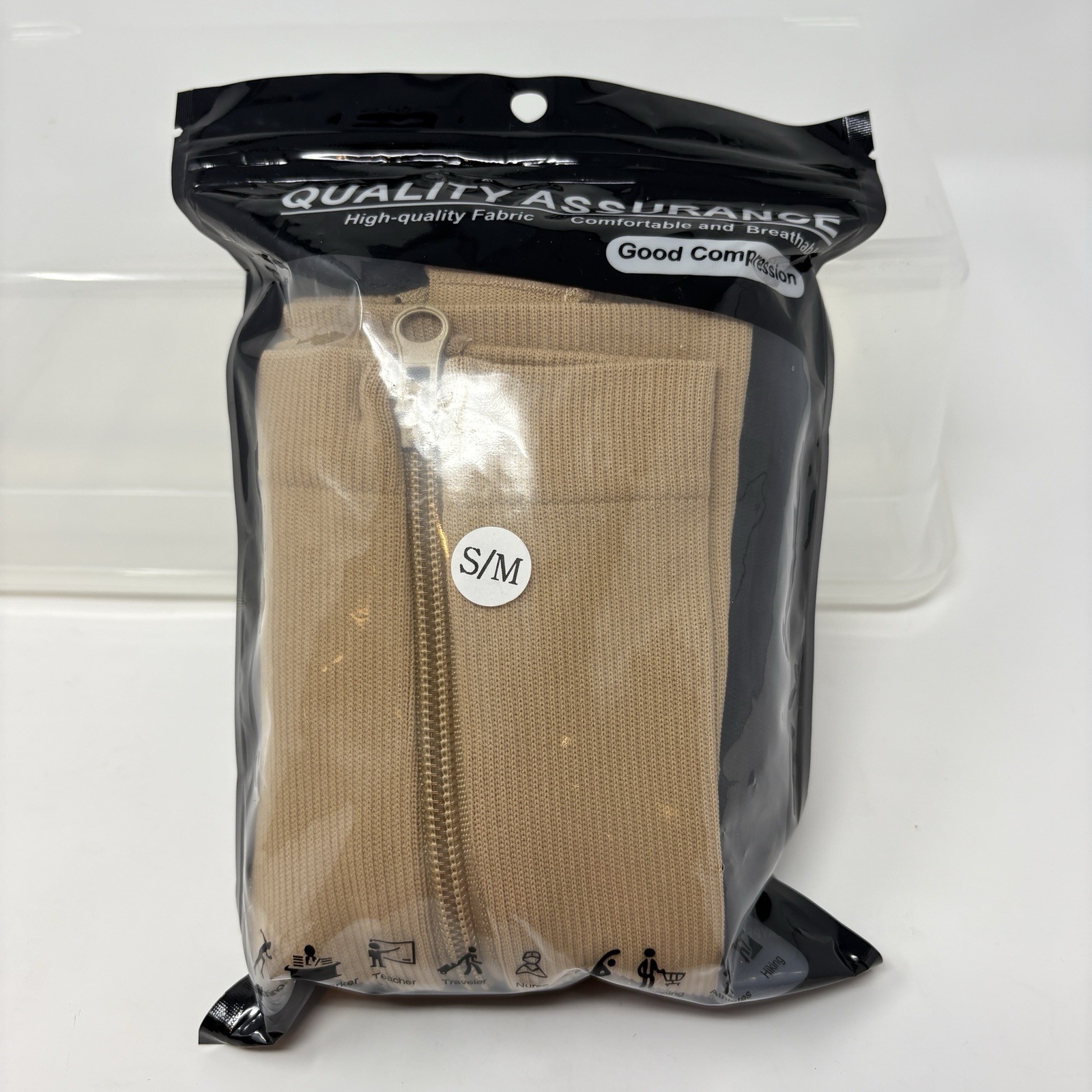 Compression Socks Womens S/M 2 Pair Beige & Black Zipper unused socks open bag