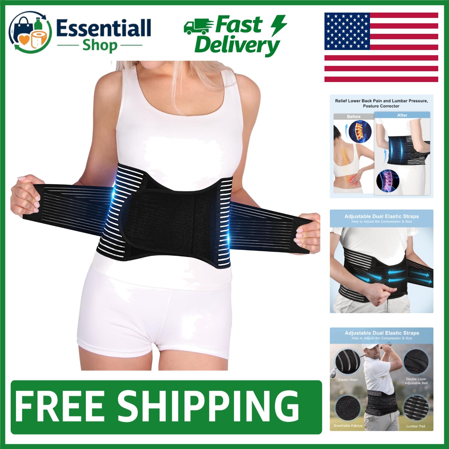 Lumbar Pad Back Brace – Adjustable Breathable Support for Lower Back Pain, L/XL