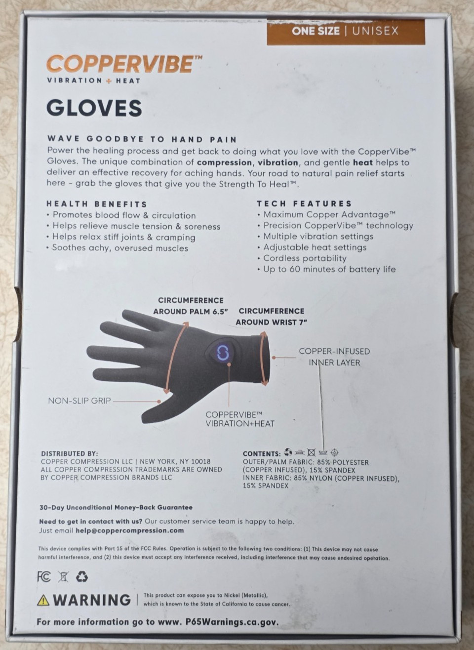 Copper Compression CopperVibe Vibration Heat Therapy Gloves Black New OPEN BOX