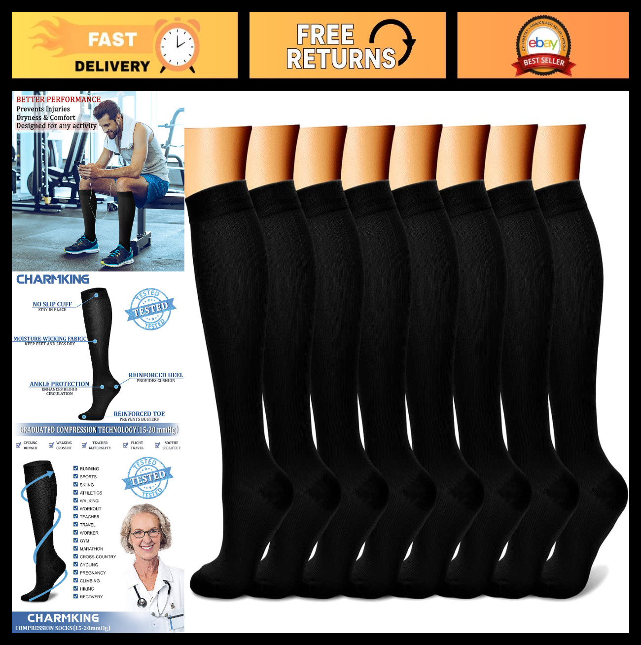 Compression Socks for Men & Women – 8 Pairs, 15-20 mmHg, Best for Running & Cycl