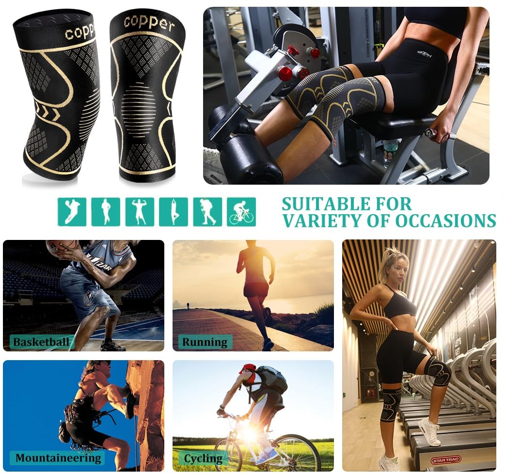 Copper Knee Braces 2 Pack, Knee Compression Sleeves for Pain Relief