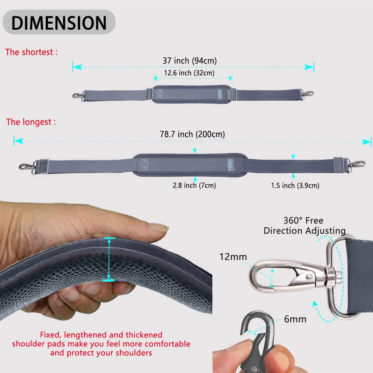 79 inch Shoulder Strap, Extra-thick Fixed Cushion Pad and Dual Clasps Universal