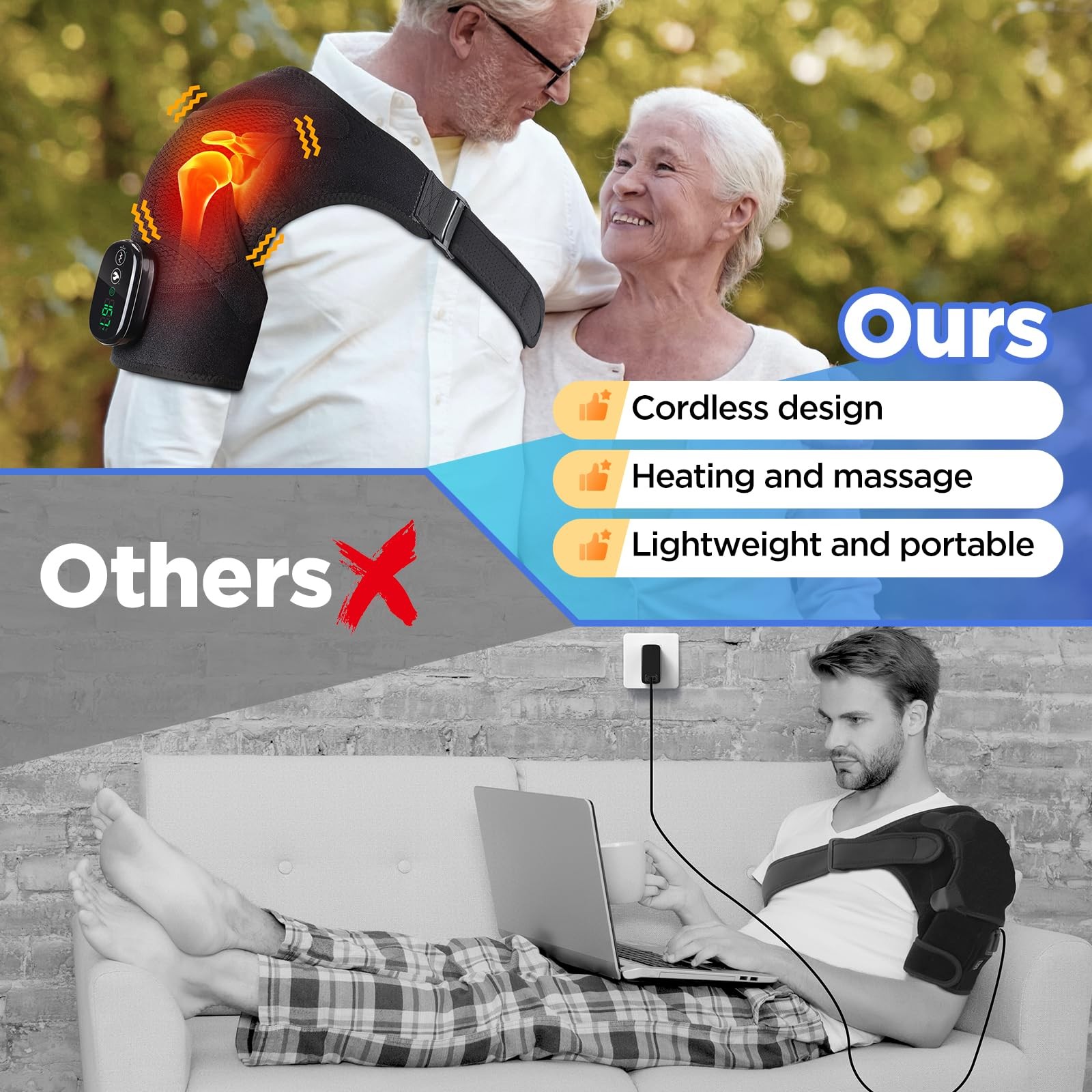 Cordless Portable Shoulder Heating Pad Massager Vibration Support Black Wrap