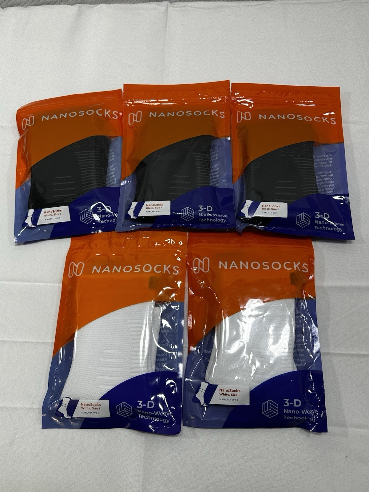 Lot Of 5 NANOSOCKS 3D Nano-Weave Compression Socks Size 1 NANOMX-BK-1/WT-1