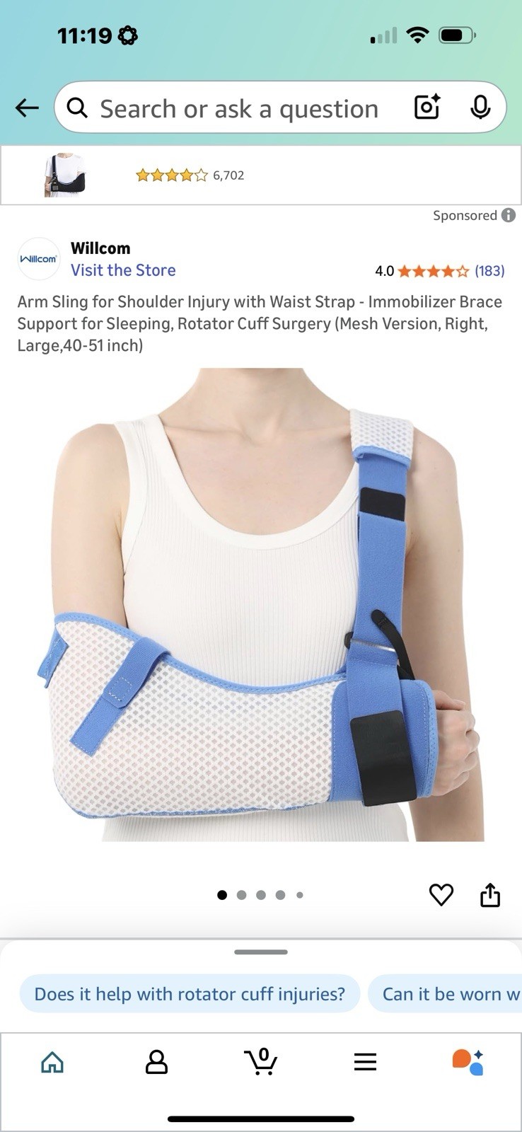 Willcom arm sling WLO 309B mesh version white blue LARGE RIGHT ARM UNISEX