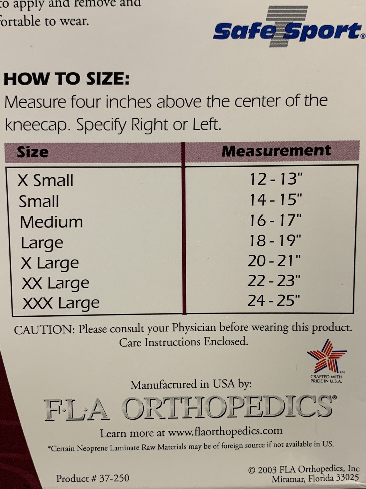 FLA Orthopedics Lateral Knee Stabilizer With J Shaped Buttress Size XS Left. New