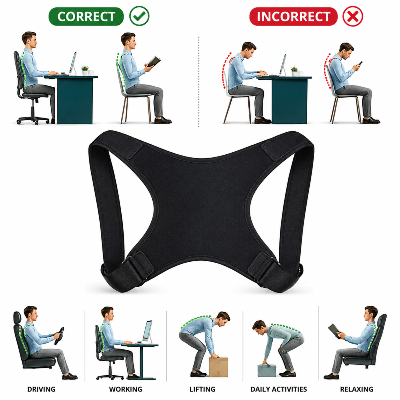 Back Posture Corrector Shoulder Straight Support Brace Belt Therapy Men Women
