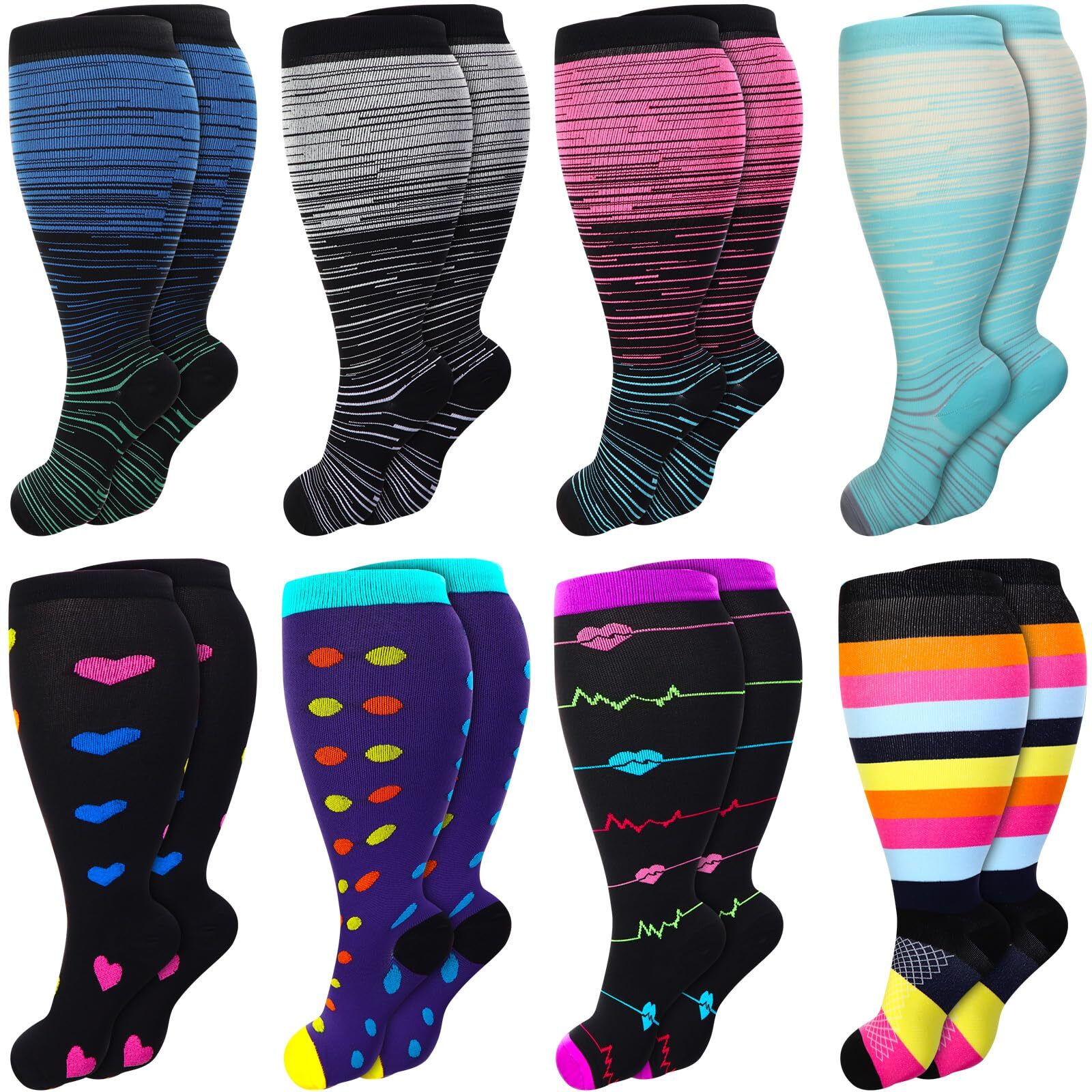 8 Pairs Plus Size Compression Socks for Women Men Wide Calf Extra Large Size …