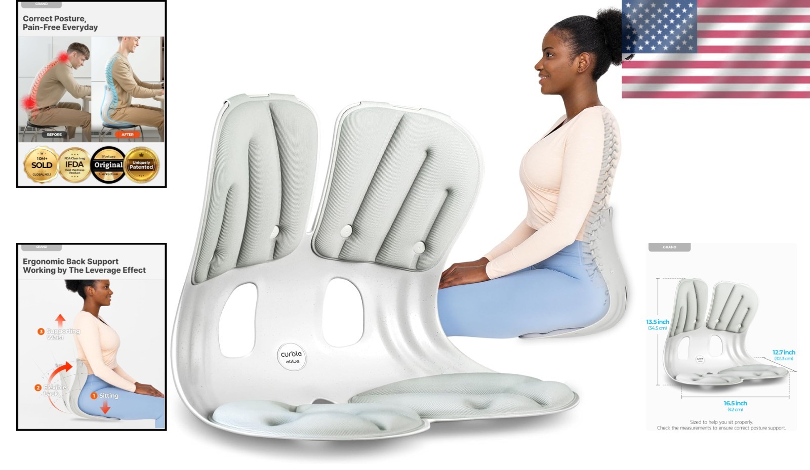 Ergonomic Back Support Cushion for Posture Correction & Back Pain Relief – Grey