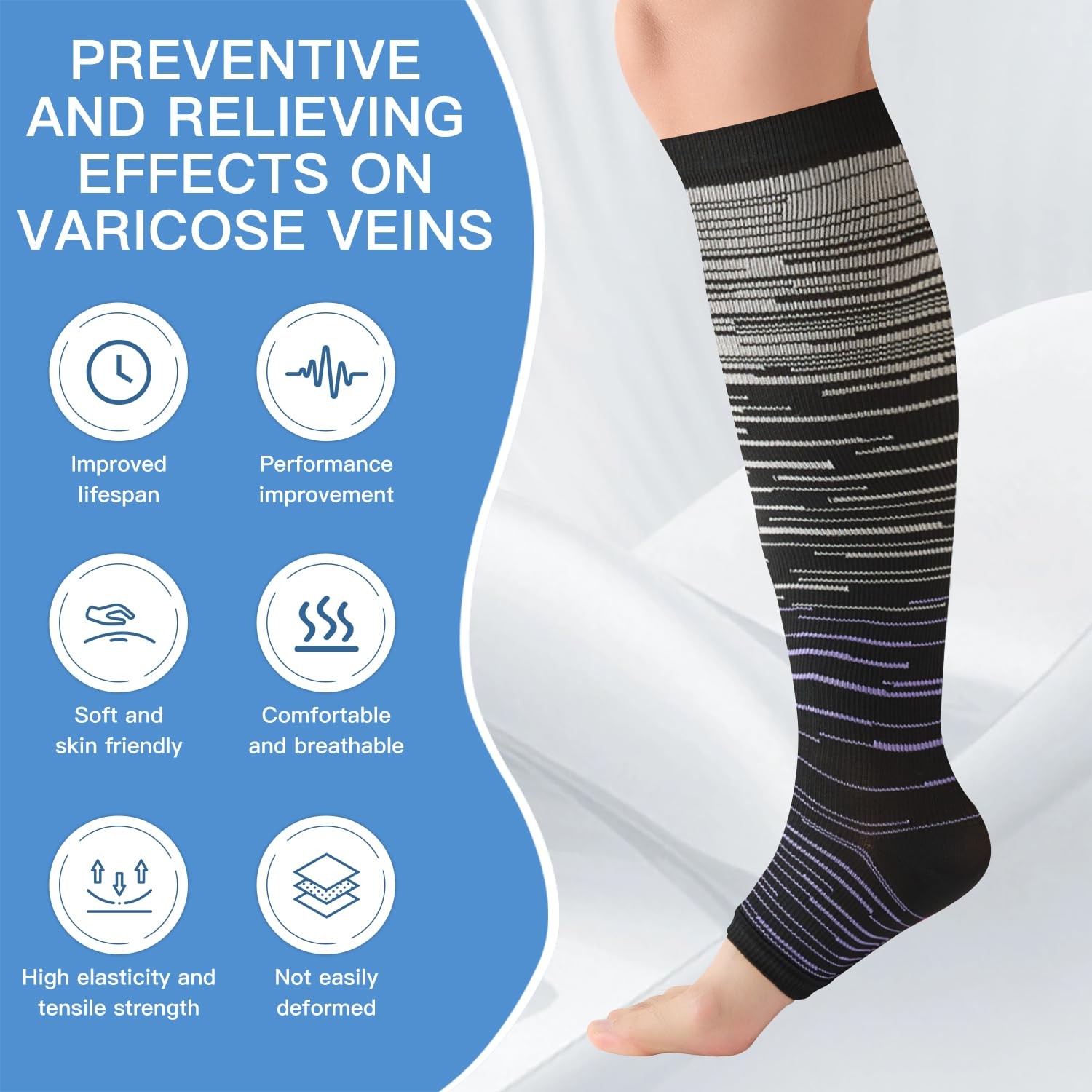 3 Pairs Toeless Open Toe 15-20mmH Compression Socks Knee High Stockings