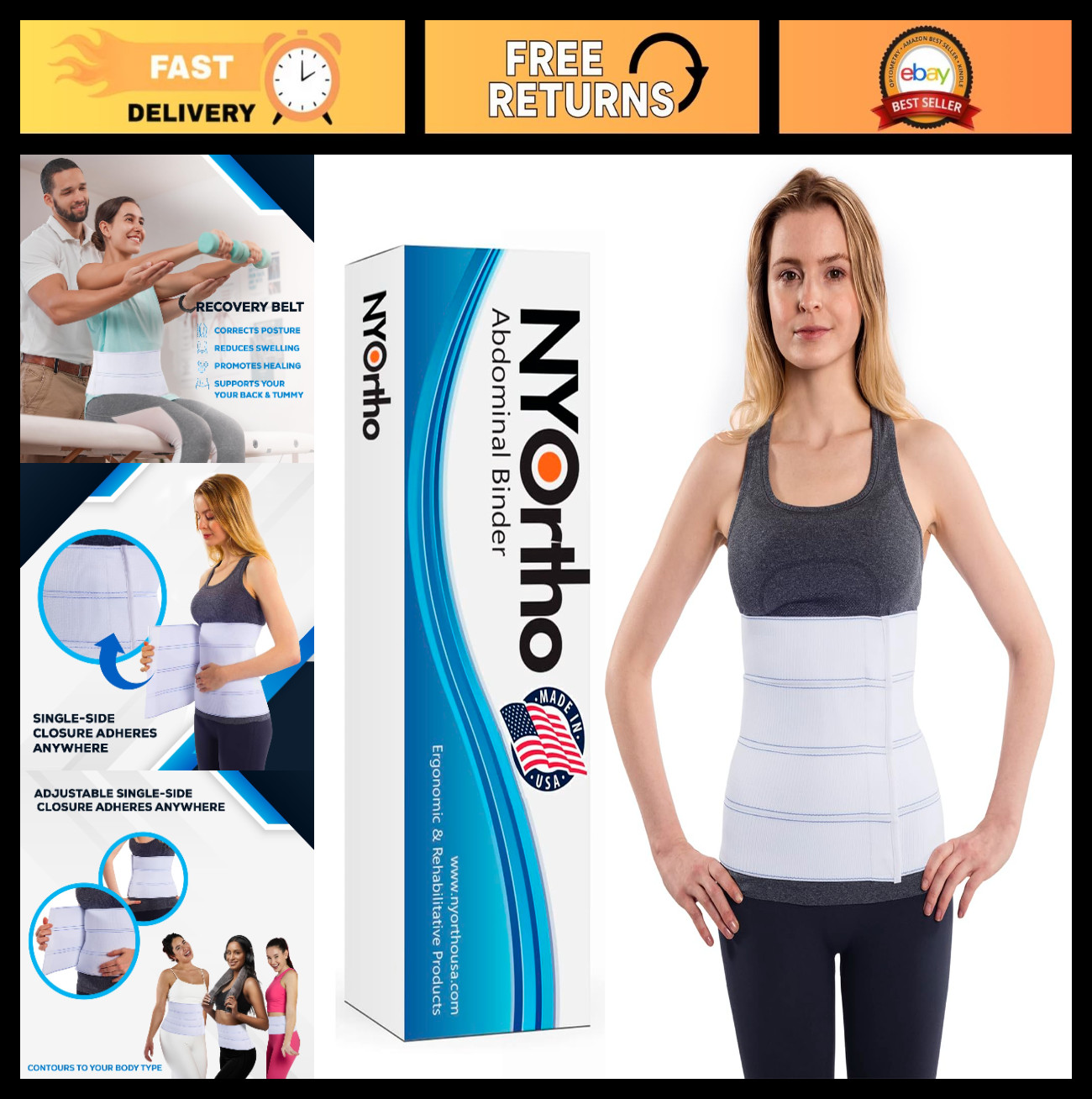 Abdominal Binder Waist Support Belt – Compression Wrap for Men & Women 30″-45″ 1