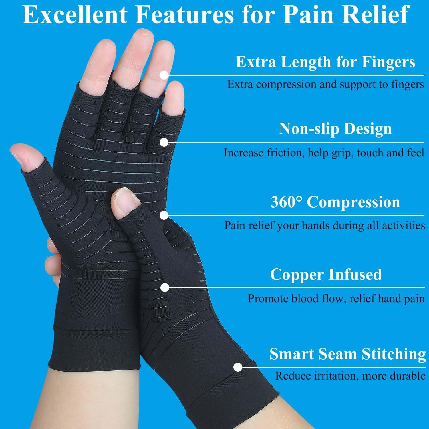 2 Pairs Copper Arthritis Gloves for Relief Pain, Compression Gloves Fingerless f