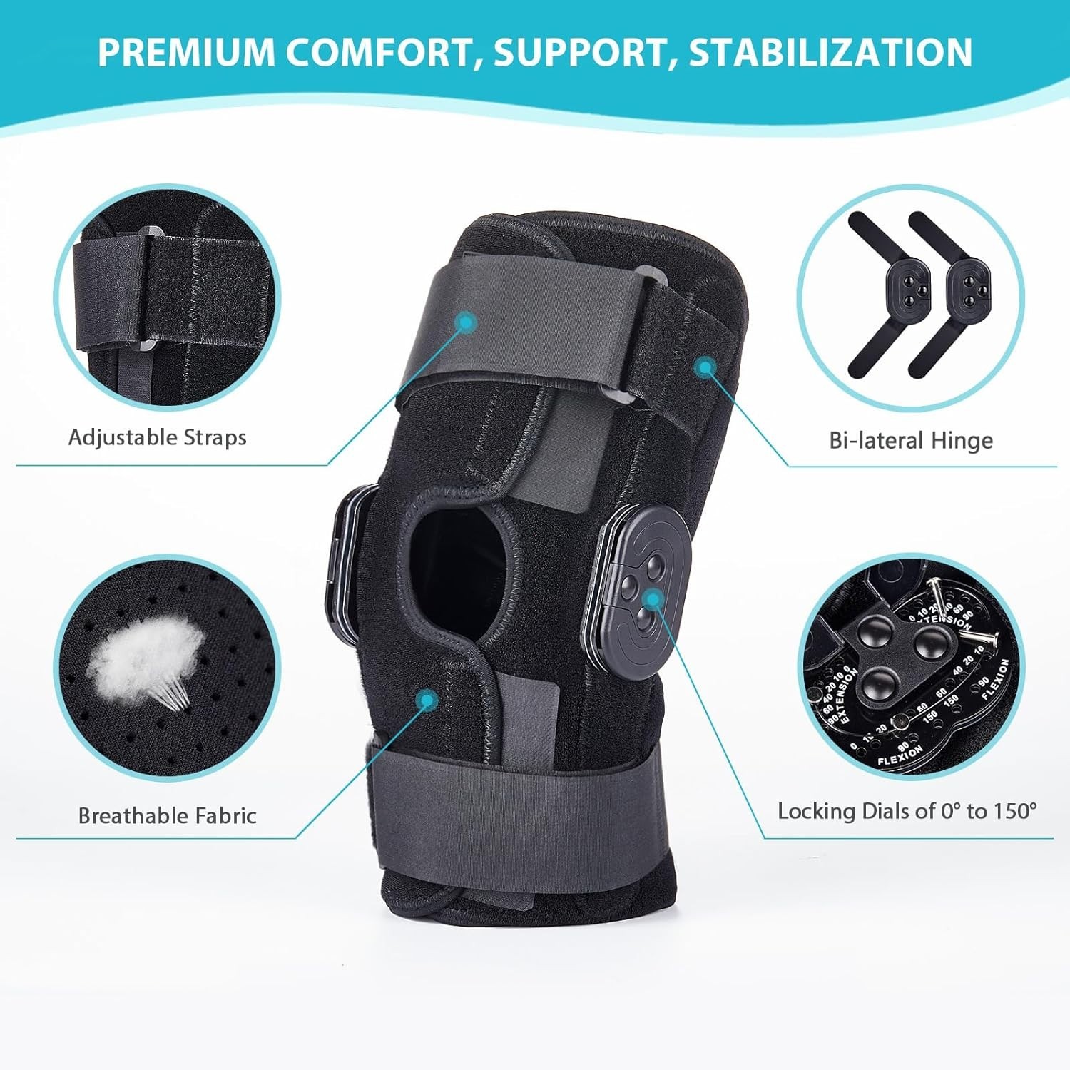 Hinged Knee Brace, Knee Immobilizer with Locking Dials & Side Stabilizers
