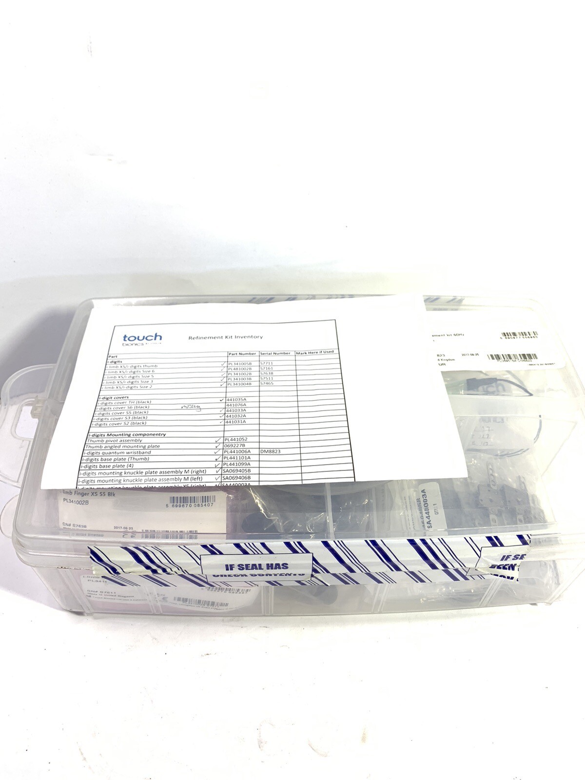 Touch Bionics Prosthetic Hand Inventory Parts Refinement Kit 63 Pieces Total