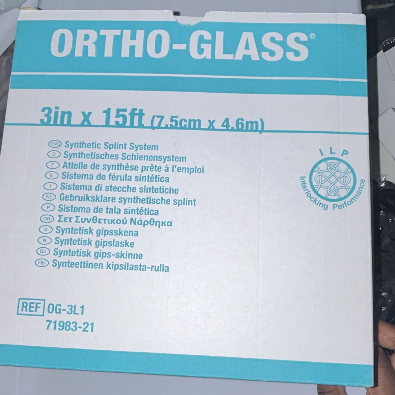 Ortho-Glass Synthetic Splint 3 in x 15 ft, Interlocking, White/Blue, CE OG-3L1