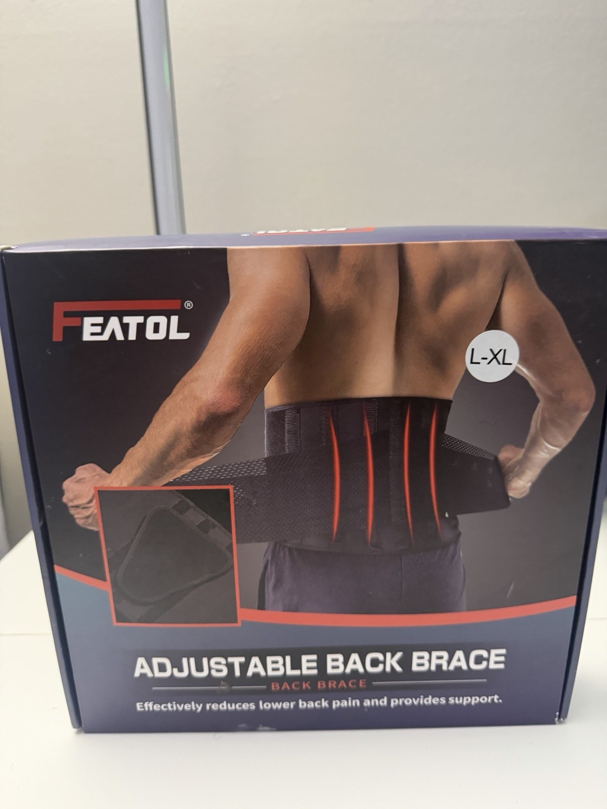 FEATOL Adjustable Back Support Brace Belt for Back, Size L-XL, Black