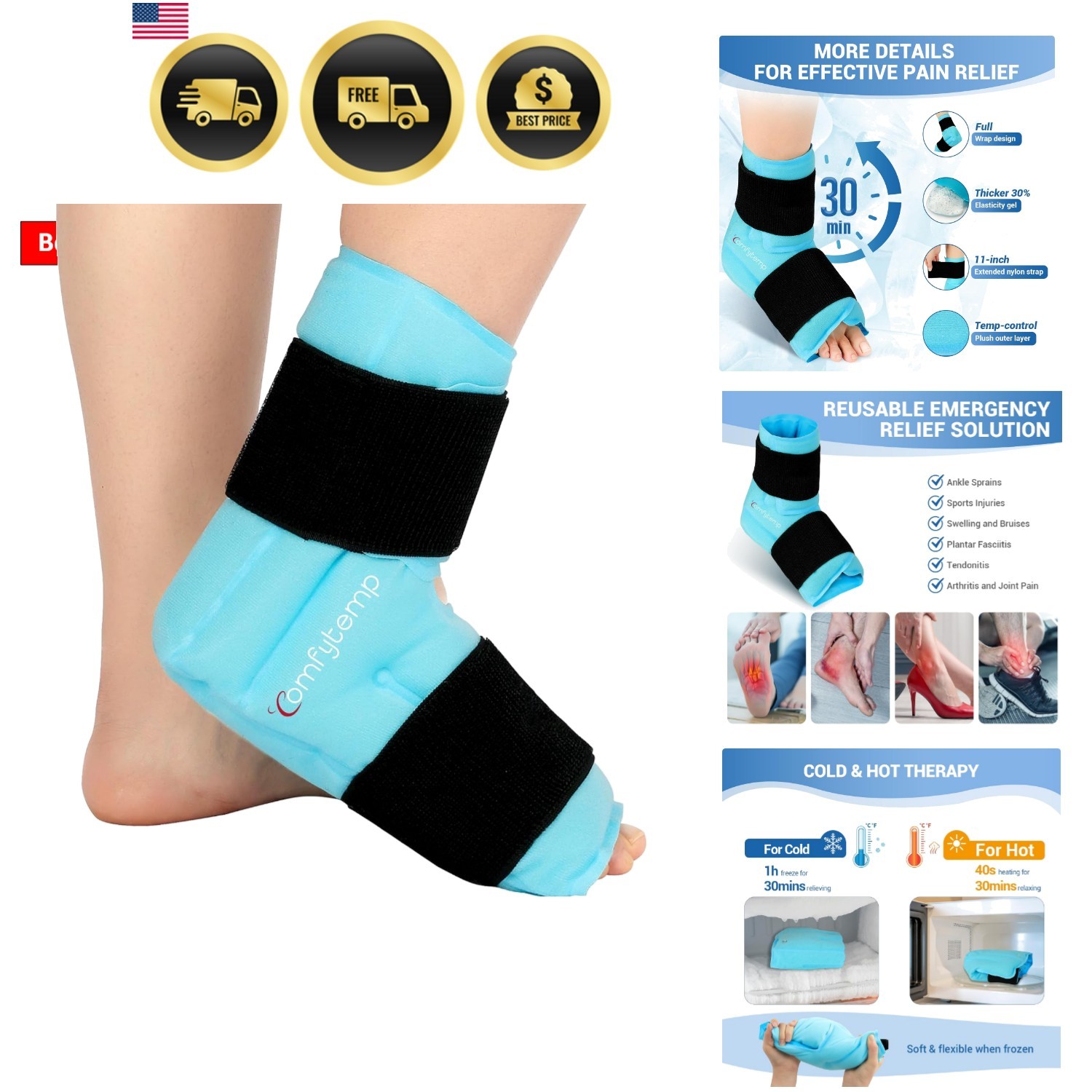 Ankle Foot Ice Pack Wrap for Plantar Fasciitis Relief, Ankles Brace for Sprai…