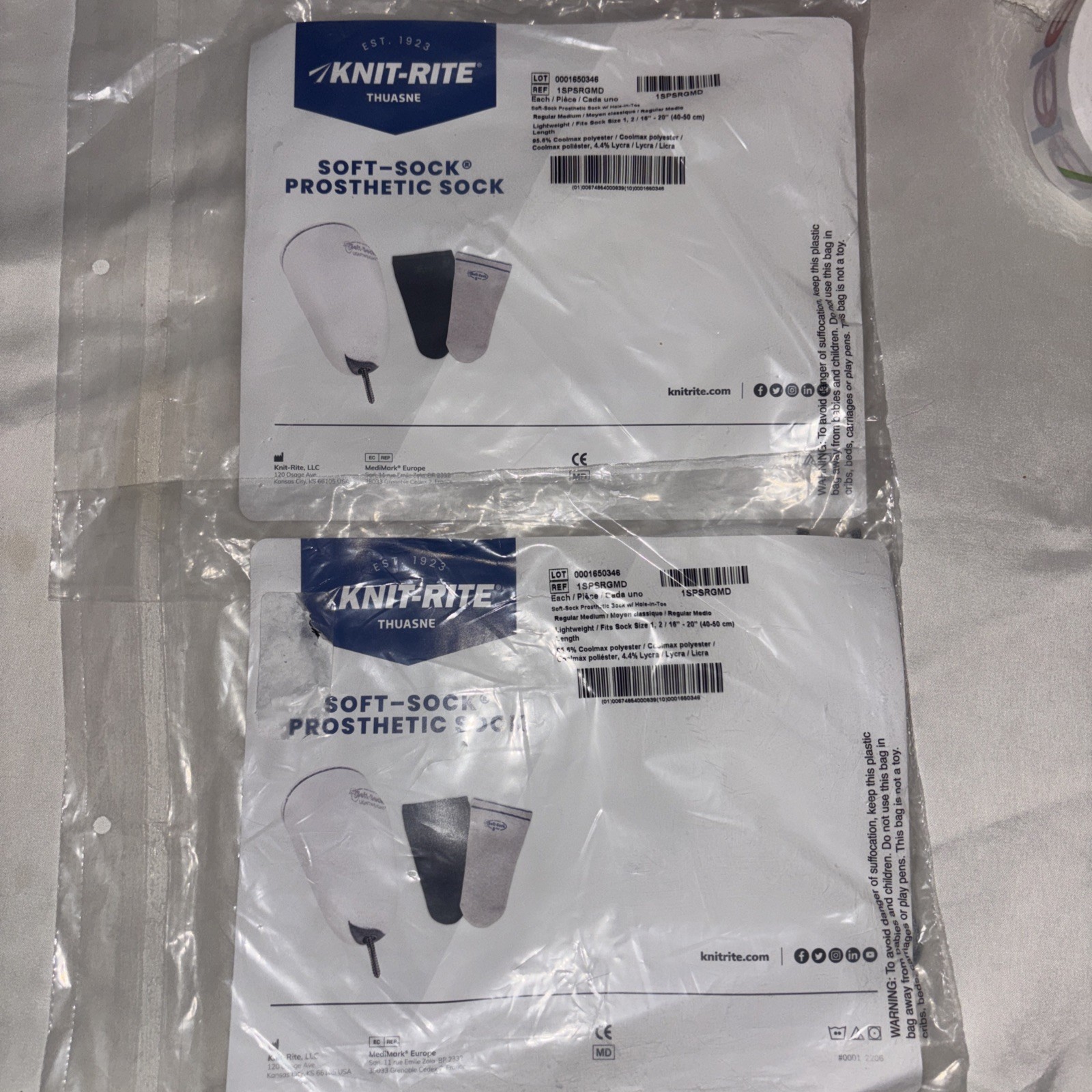 2 knit-rite prosthetic sock Regular M Size 1, 2 16” – 20” (40-50 Cm) Amputé