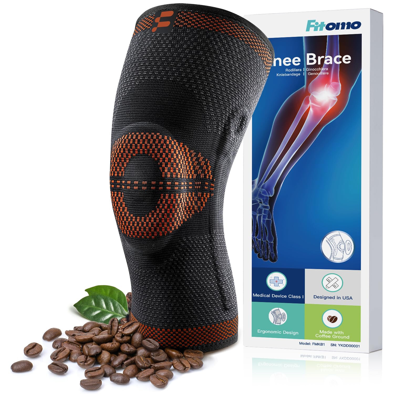Fitomo Compression Knee Brace for Women Men Made with Coffee Grounds Sleeve (L)