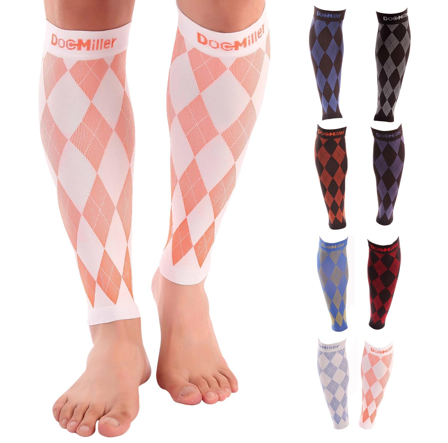 Doc Miller Calf Compression Sleeves 20-30 mmHg for Men Medium, Orange. White