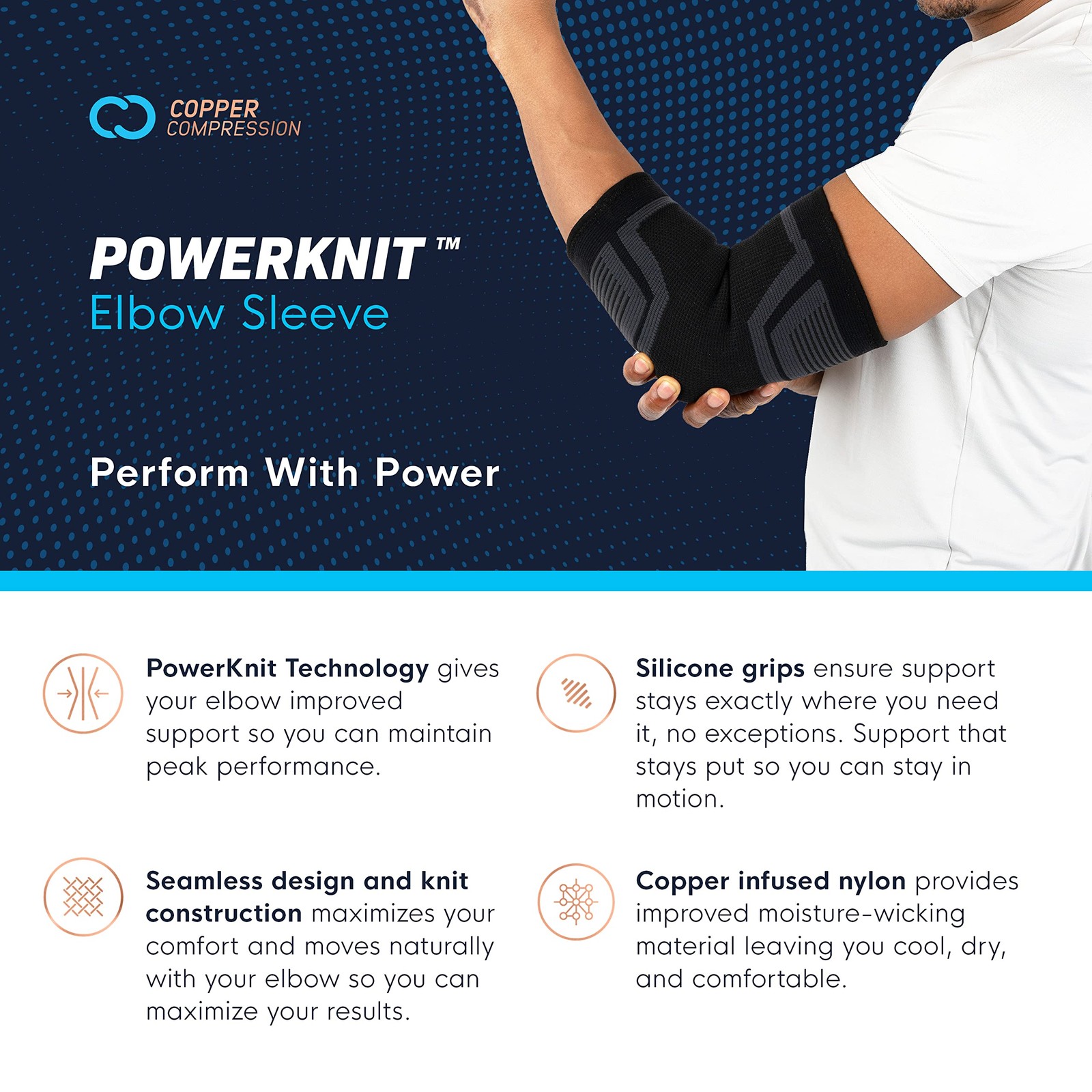 Copper Compression PowerKnit Elbow Sleeve – Seamless Large/X-Large, Black