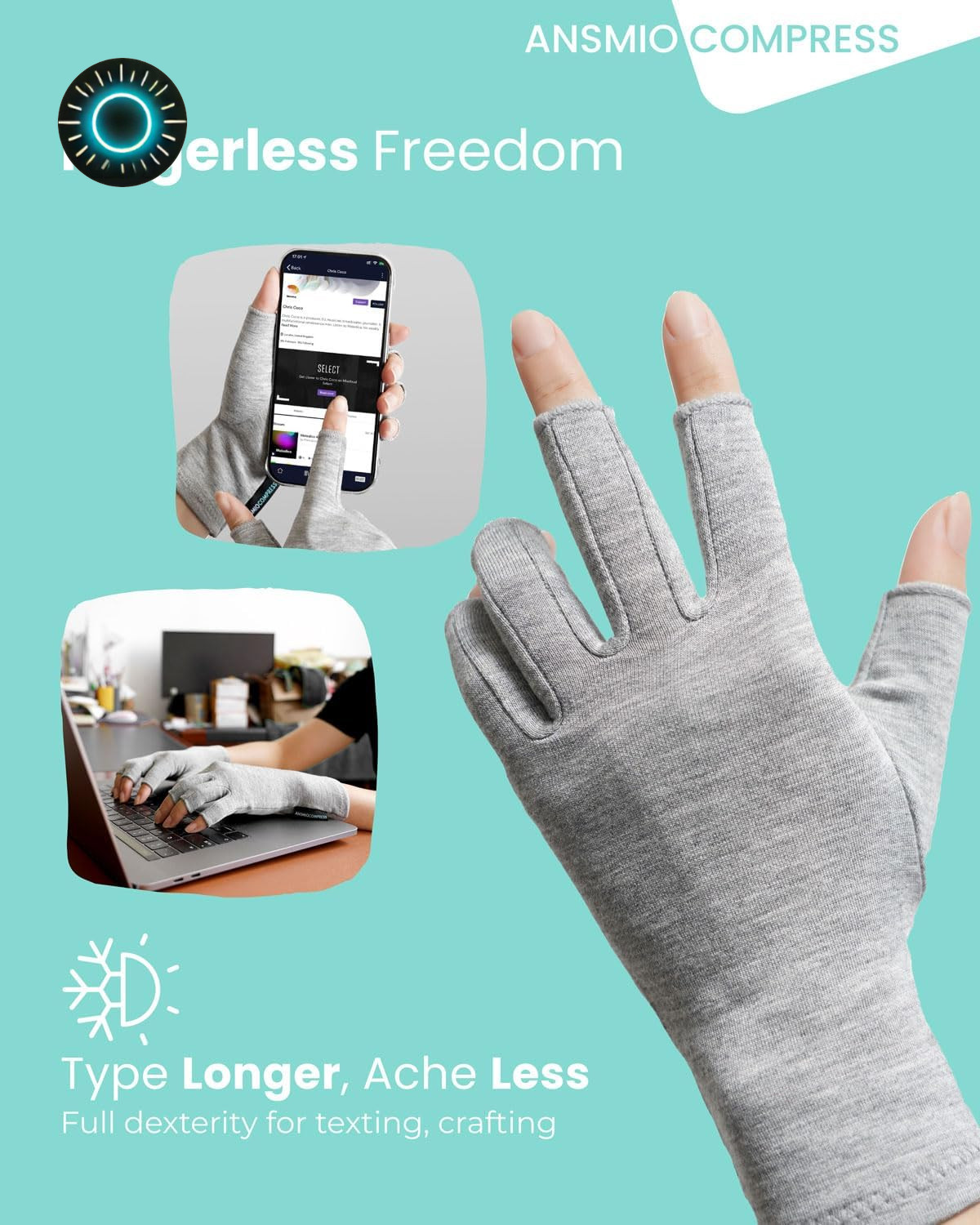 Bamboo Rayon Compression Gloves Fingerless Arthritis & Carpal Tunnel Relief M