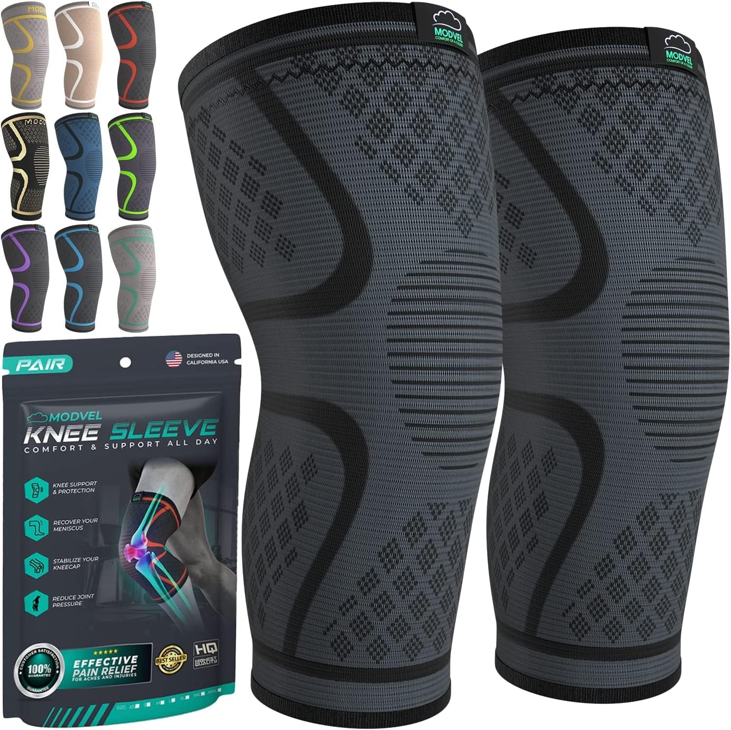 Modvel Compression Knee Brace for Women & Men, 2-Pack Medium, A Black