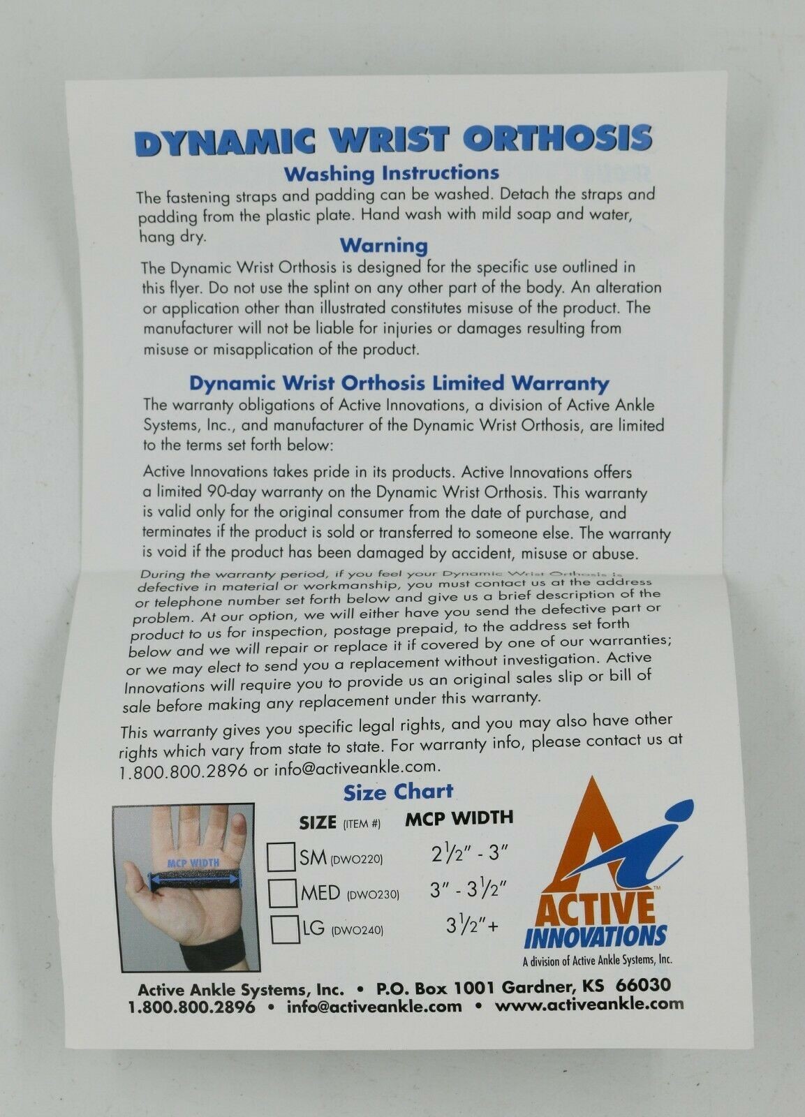 Active Innovations Wrist Brace -Size Small (MCP Width 2.5-3)
