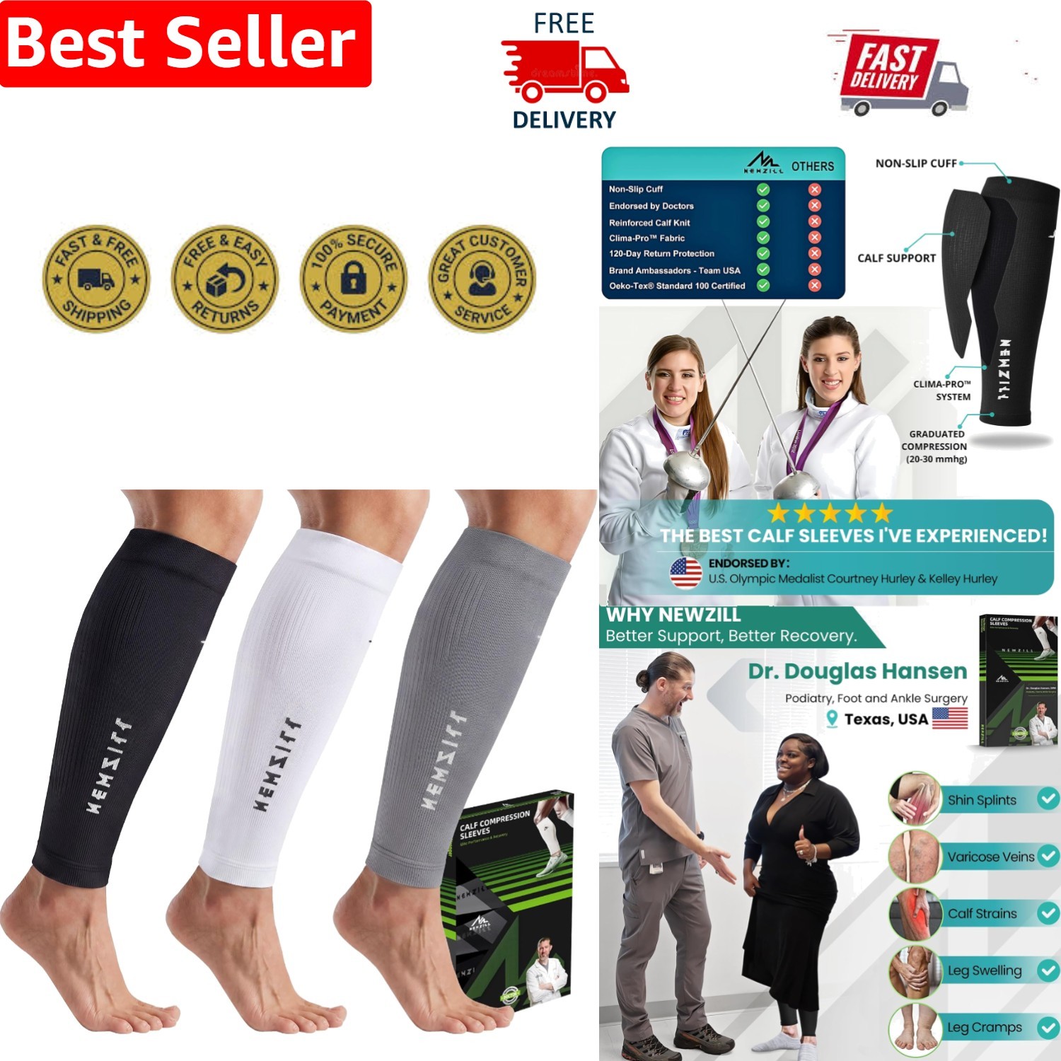 20-30mmHg Compression Calf Sleeves – Supports Running & Nursing – 3 Pairs