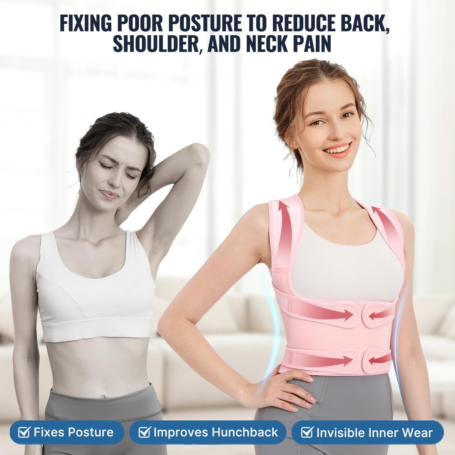 Jeffski Posture Corrector Upgraded Back Brace for Women and Men, Medium, Pink
