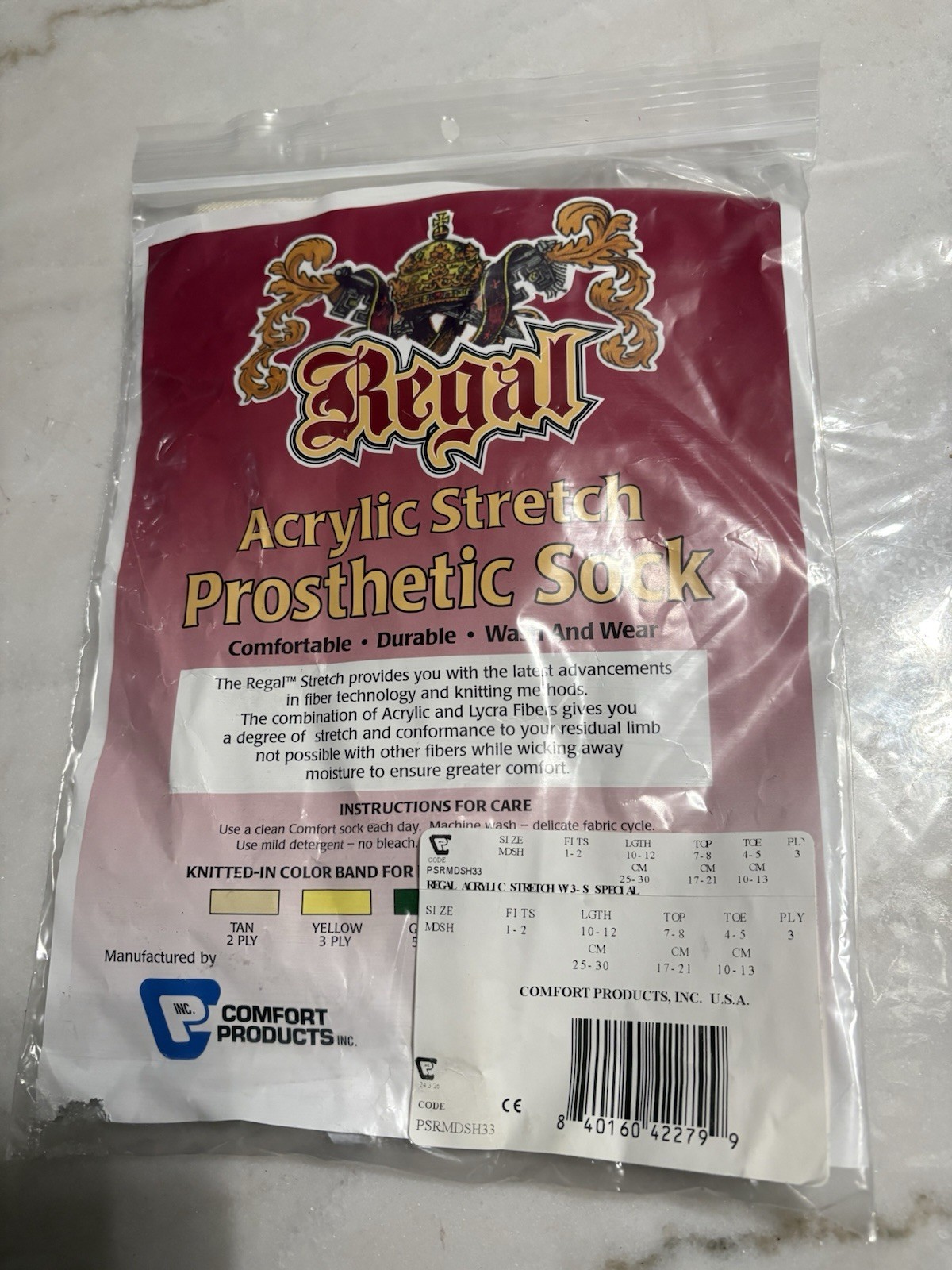 Brand New Regal 2-Ply Lycra Acrylic Stretch Prosthetic Sock Fits 1 -2