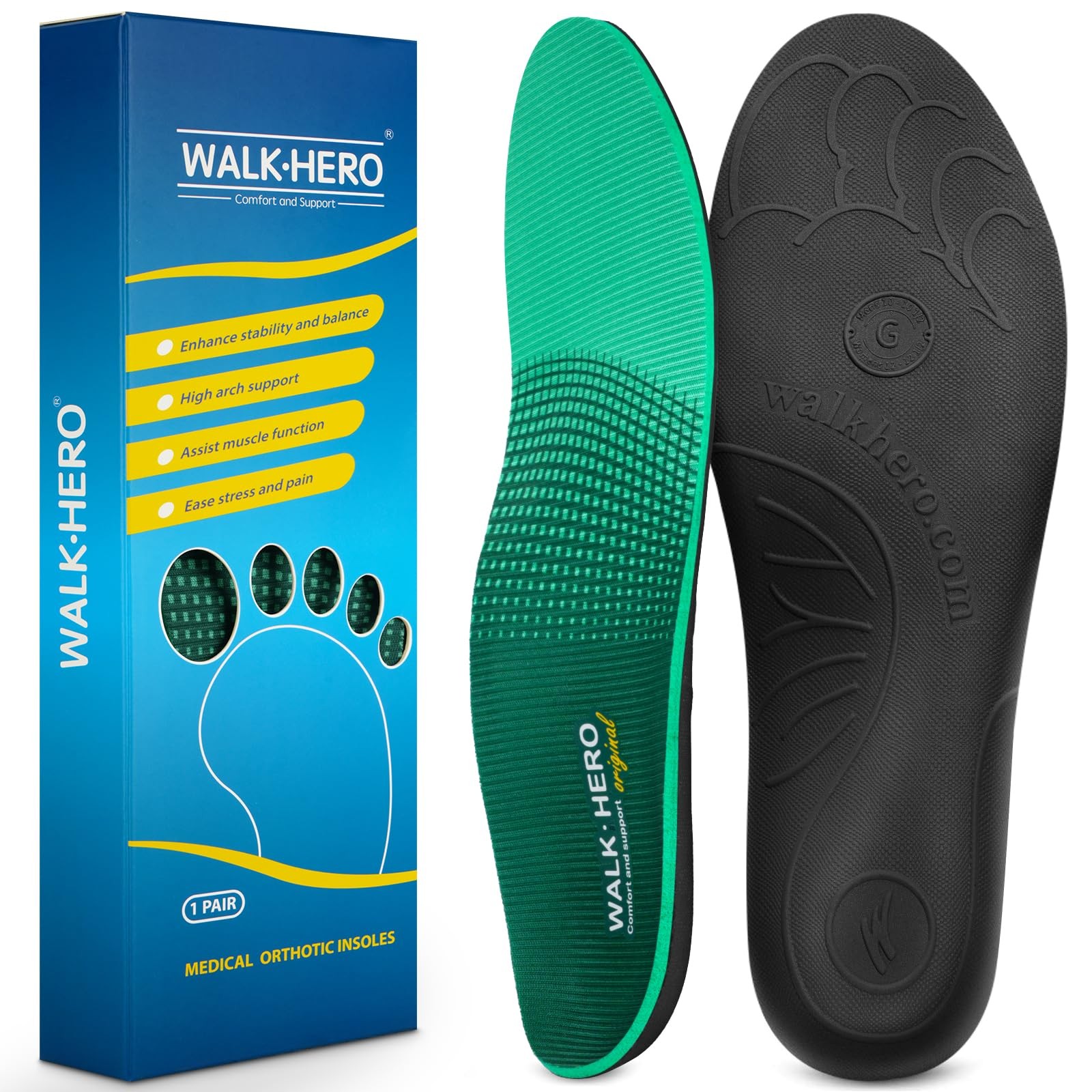 WalkHero Plantar Fasciitis Insoles Green Mens 12-12.5 Womens 14-14.5