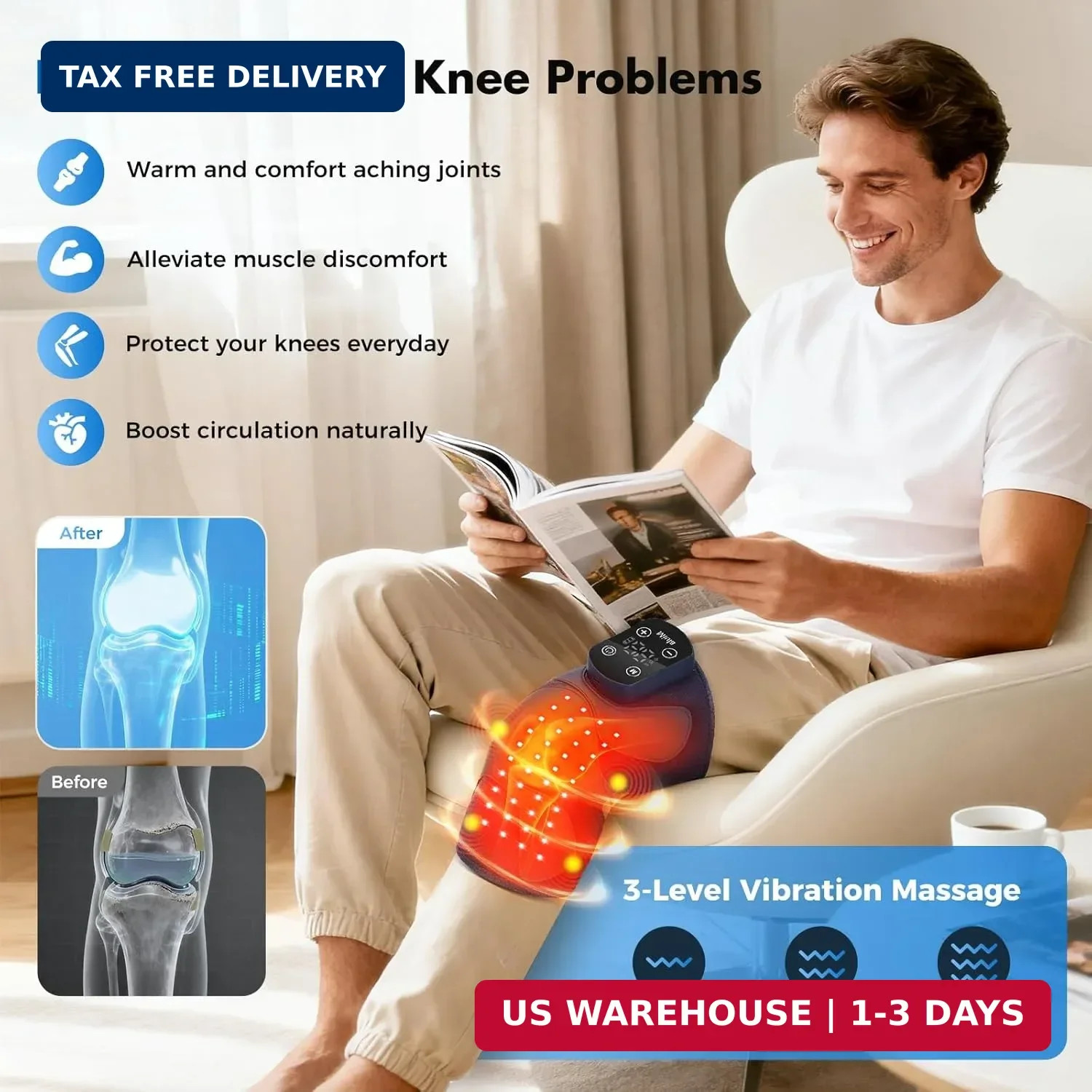 Red Light Therapy & Vibration Massage Knee Brace: Wireless Rechargeable, with 66